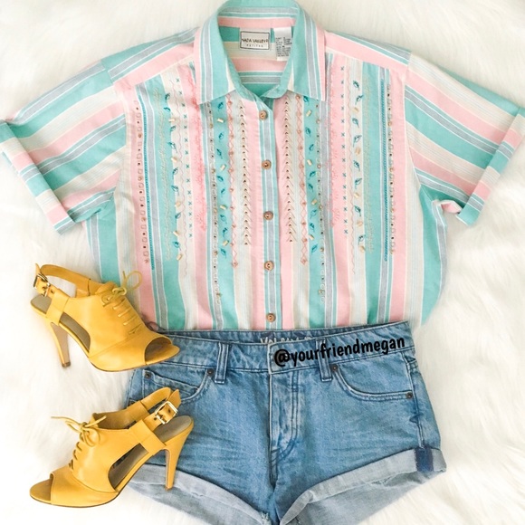 Tops - Embroidered Pastel Button Up